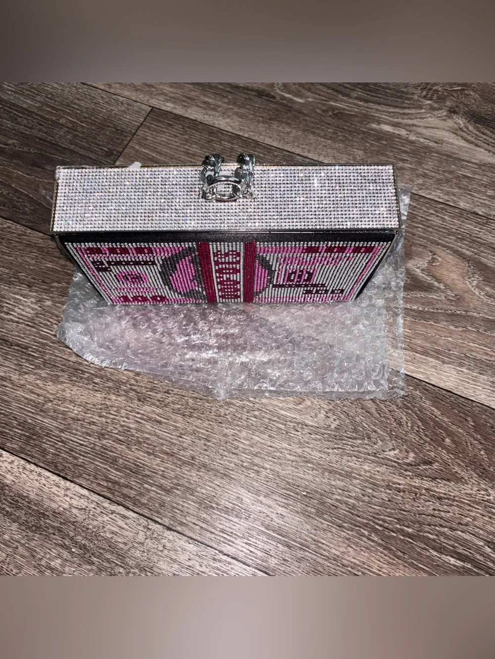 AKIRA Pink Crystal Money Bill Clutch with Silver Chain Strap